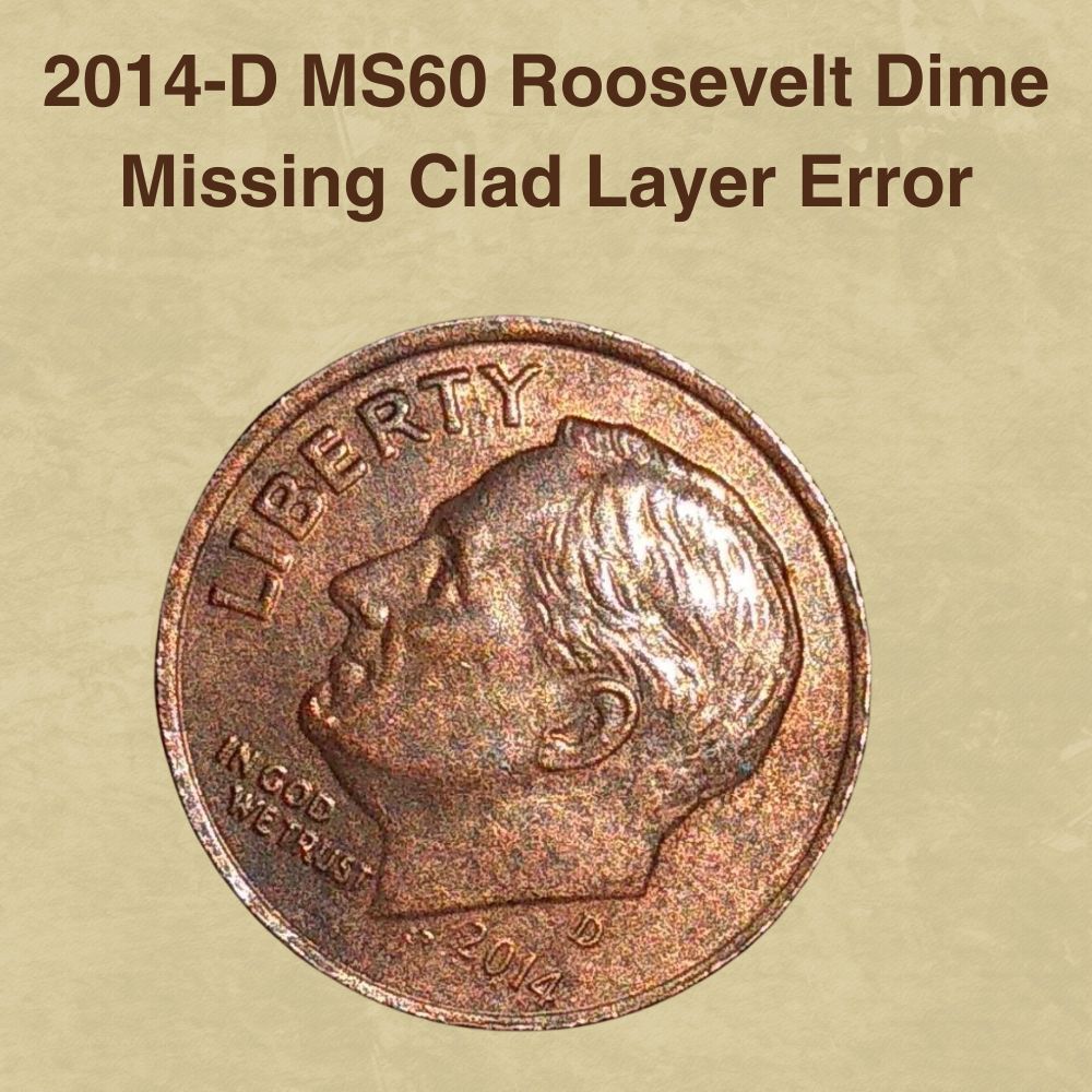 2014 Roosevelt dime missing clad layer error showing copper core exposed
