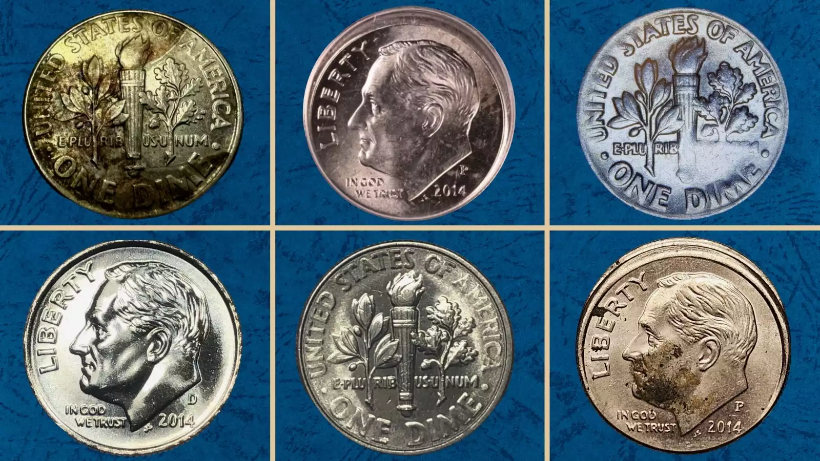 Group of 2014 Roosevelt dimes showing mint luster and production varieties from Philadelphia, Denver, and San Francisco