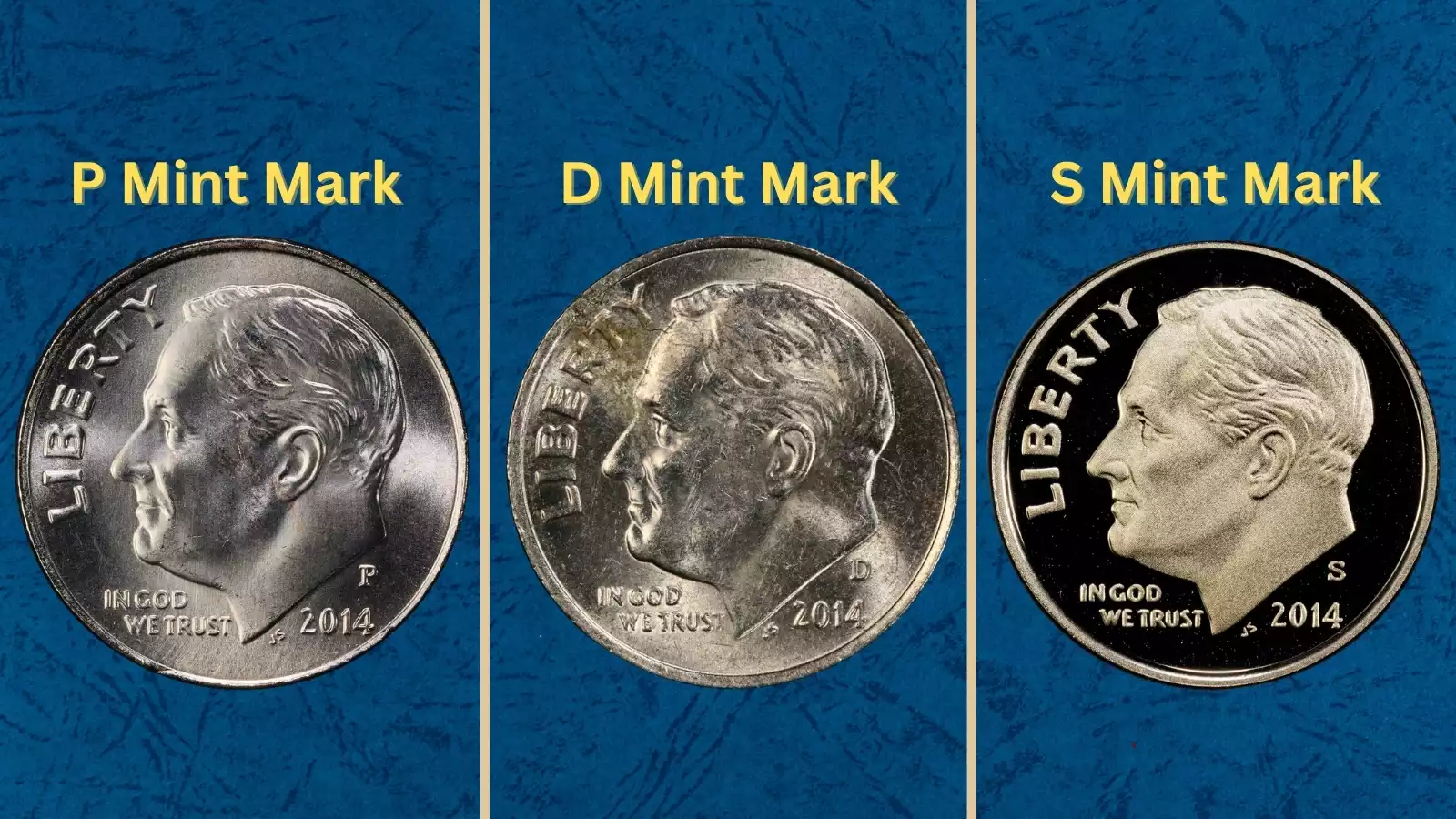 2014 Roosevelt dime grading strip showing worn, circulated, uncirculated, and gem MS68FB condition examples